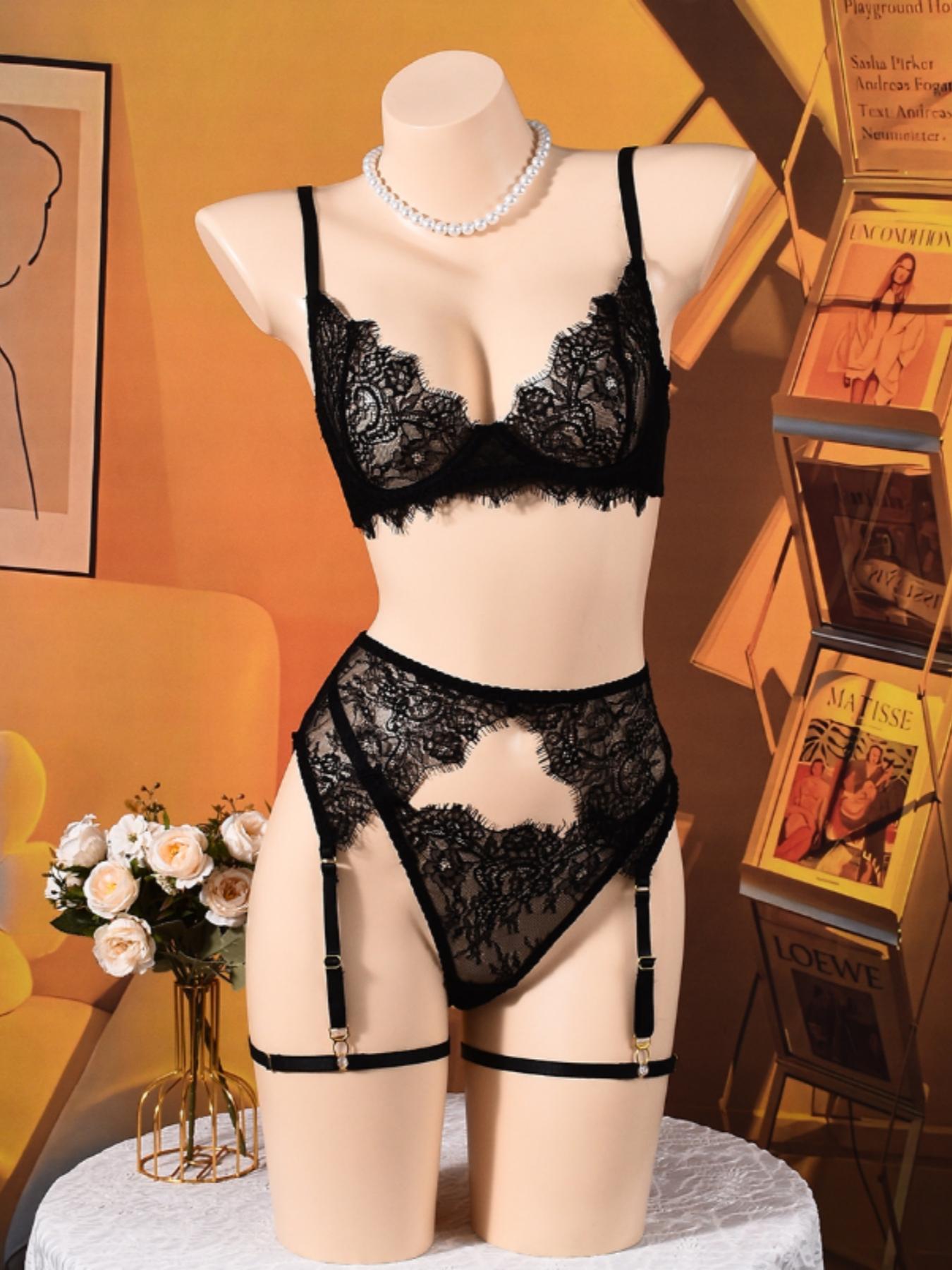 Lovingerie Eyelash Lace Lingerie Set For Women, Strappy Underwire Bra With Sheer Cups, Adjustable Garter Belt, Matching Thong Panty And Leg Garters, Seductive Boudoir Outfit, Curves Flattering Nightwear Sleepwear.Perfectly Highlights Your Feminine Charm.
