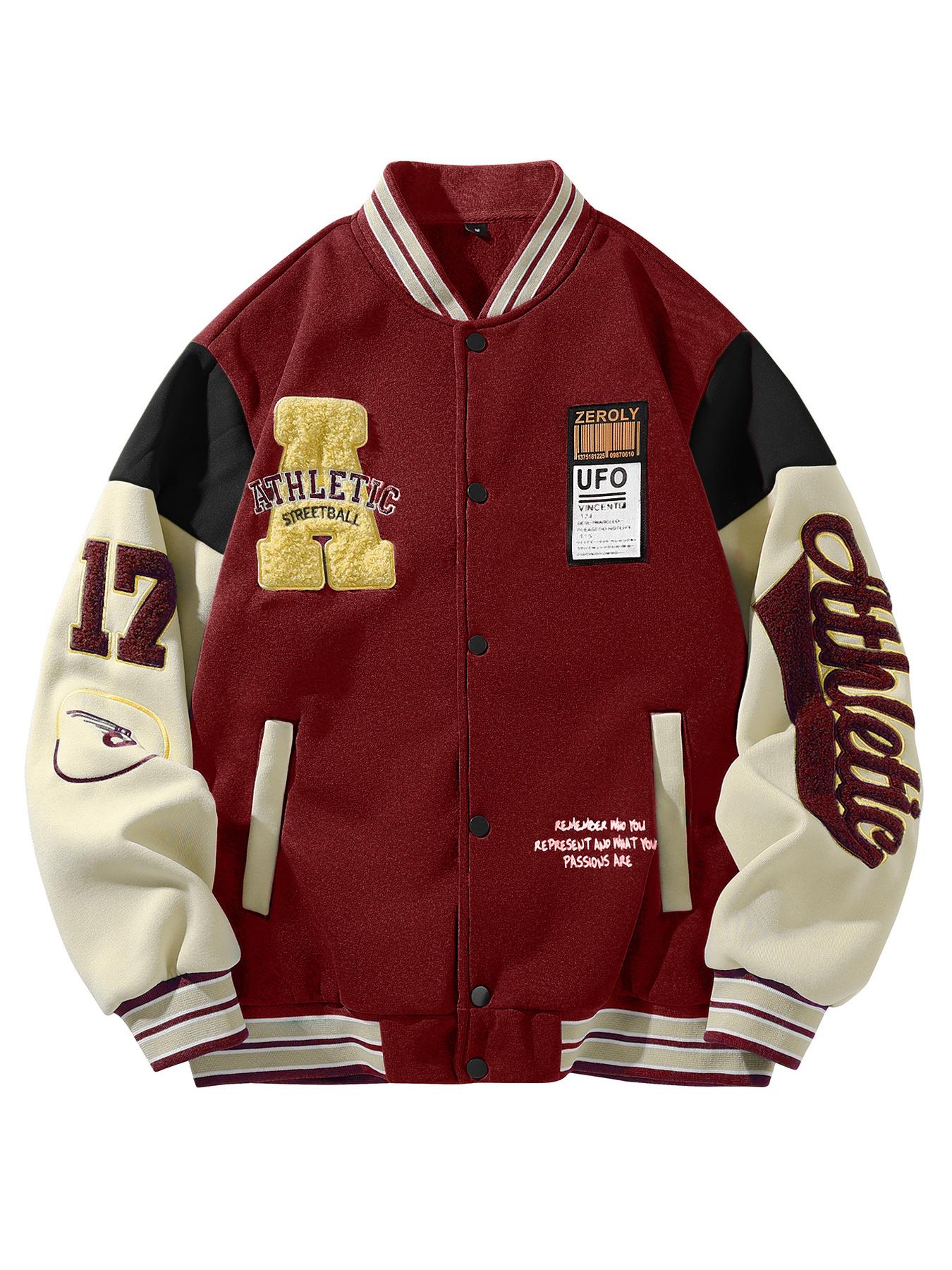 Autumn Winter American Retro Colorblock Embroidered Baseball Jacket, Youth Trendy Fleece Embroidery Letter Design, Casual Couple Outdoor Coat