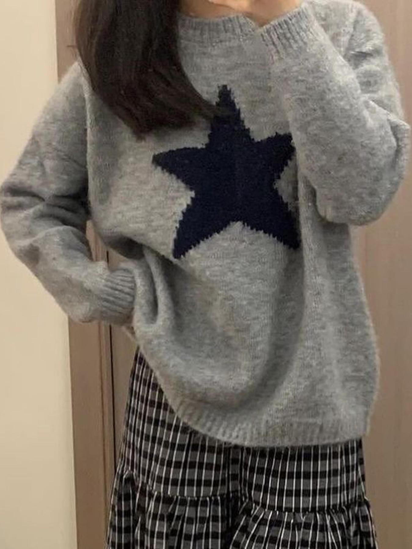 Daily Casual Commute Star Pattern Loose Long Sleeve Elegant Round Neck Lightweight Knit Sweater, Women's Fall & Winter Fashion, Comfortable Daily Wear