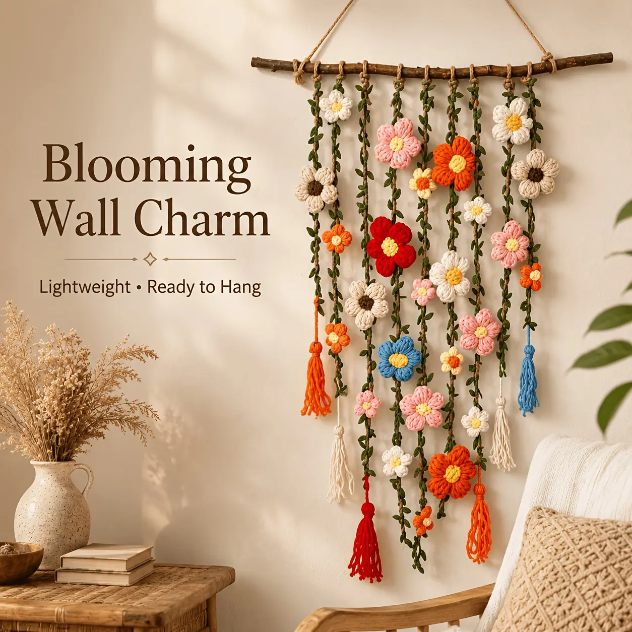 Crochet Floral Garden Wall Hanging Decoration, Bohemian Style Crochet Flower Hanging Ornament| Handmade Crochet Flower Wall Decoration, Floral Macrame Hanging with Cascading Flowers, Bohemian Farmhouse Decor