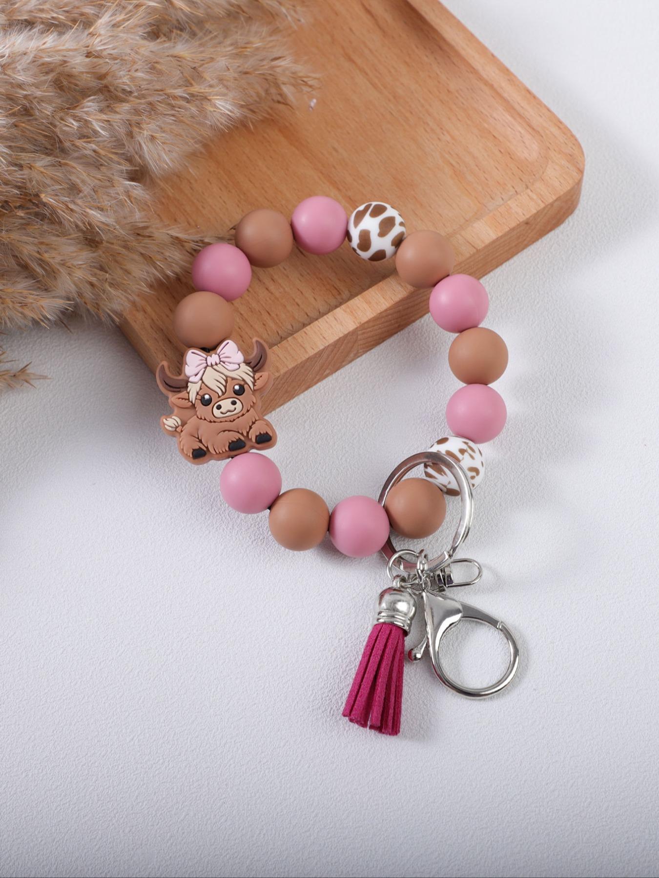 Cute Farm Style Beaded Wrist Keychain, Multiple Colors Available, Spot Pattern Beads with Bow Cow Design, Perfect Gift for Friends & Family