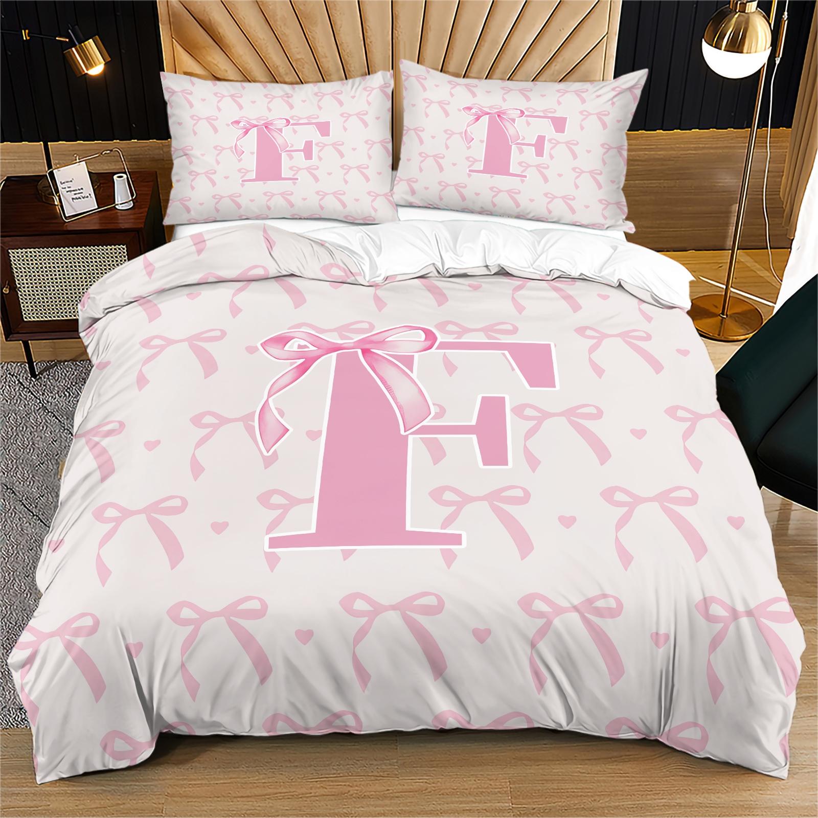 2/3 PCS Pink Romantic Ballet Bow Full Alphabet Initial Duvet Cover Set, Coquette Aesthetic Bedding with Zipper Closure for Easy Removal, Ideal Housewarming Birthday Christmas Gift, No Filling