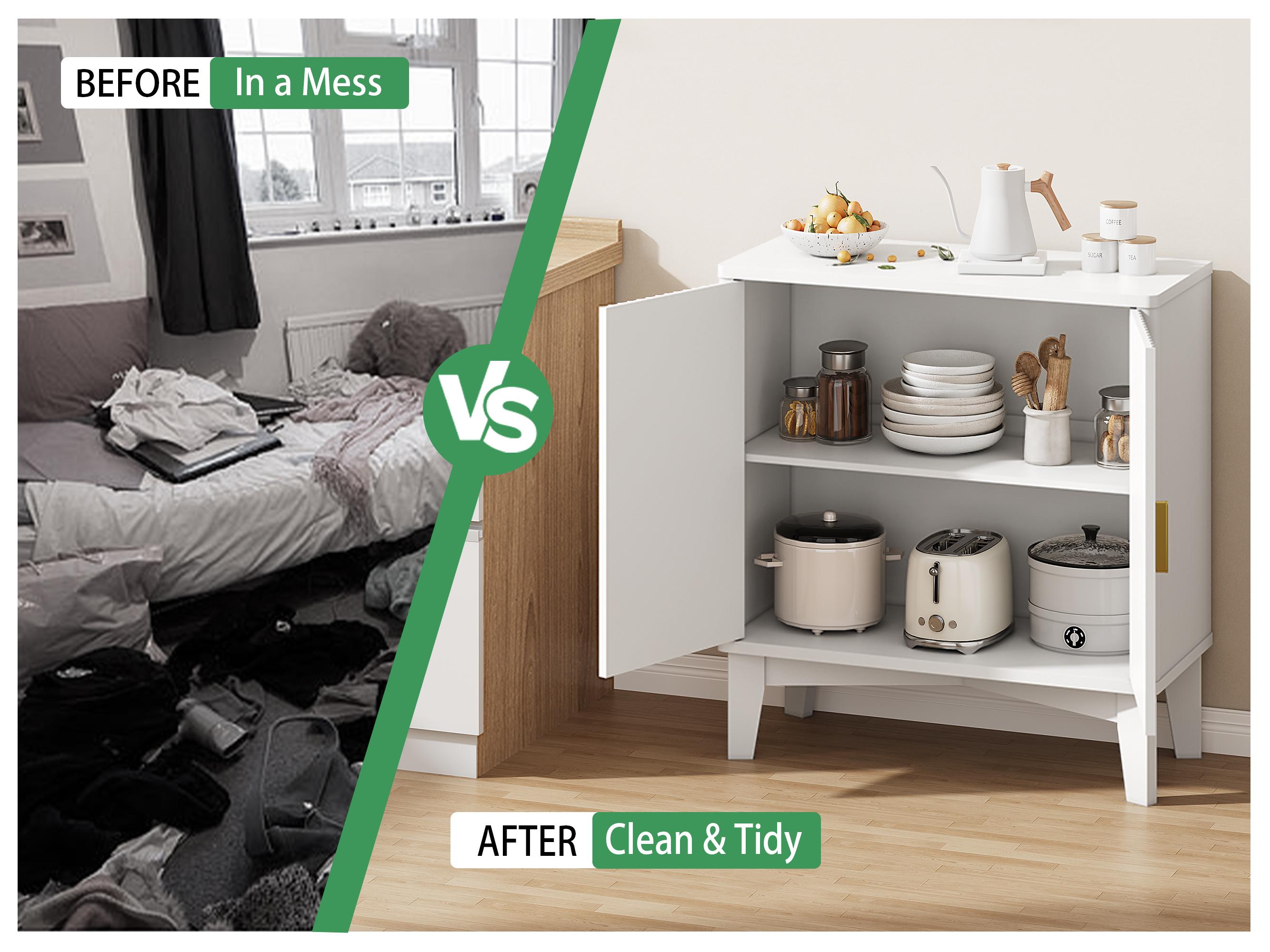 Storage Cabinet with Doors and Adjustable Shelf, Modern Fluted Sideboard Buffet Cabinet, Freestanding Coffee Bar for Kitchen, Pantry, Entryway, Living Room