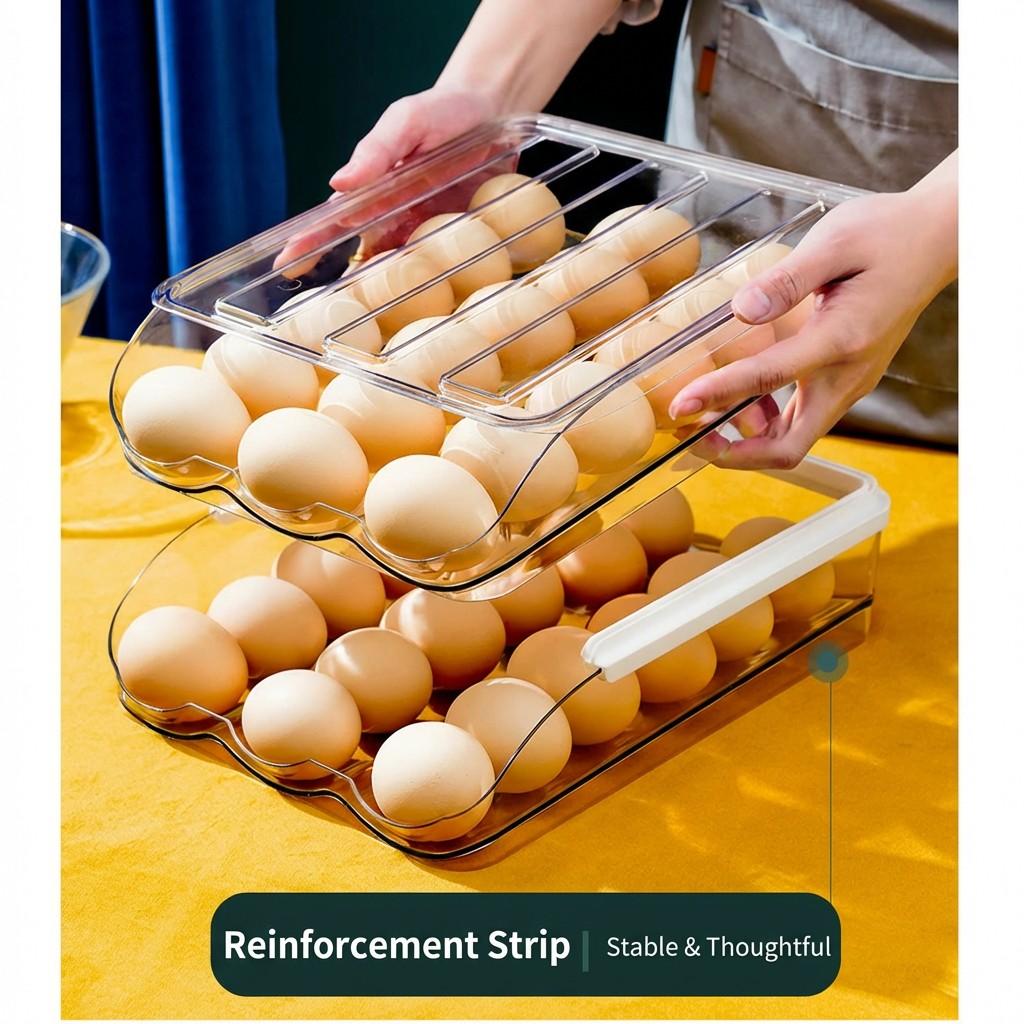 Egg Holder for Refrigerator, Automatic Rolling Egg Dispenser with Lid, Stackable Storage Rack, Transparent Plastic Egg Tray 2-Tier/3-Tier