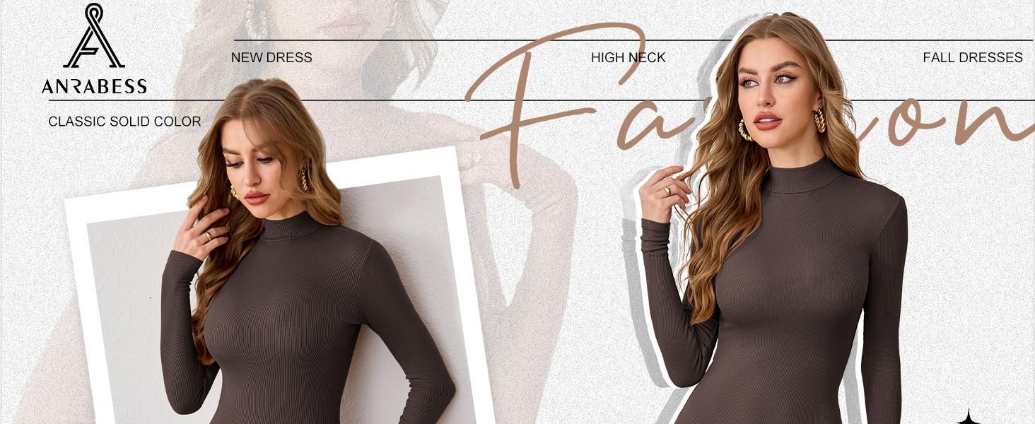 ANRABESS Women Long Sleeve Mock Neck Bodycon Mini Dress 2025 Fall Ribbed Slim Fit Pencil Cocktail Club Night Dresses