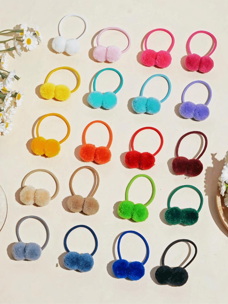 40PCS Pom Pom Hair Ties for Girls, Soft Fuzzy Ball Elastic Hair Bands, Cute Princess Ponytail Holders, Pastel Colors for Fall Winter, No-Damage Kids Hair Accessories, Elastic Hair Accessory