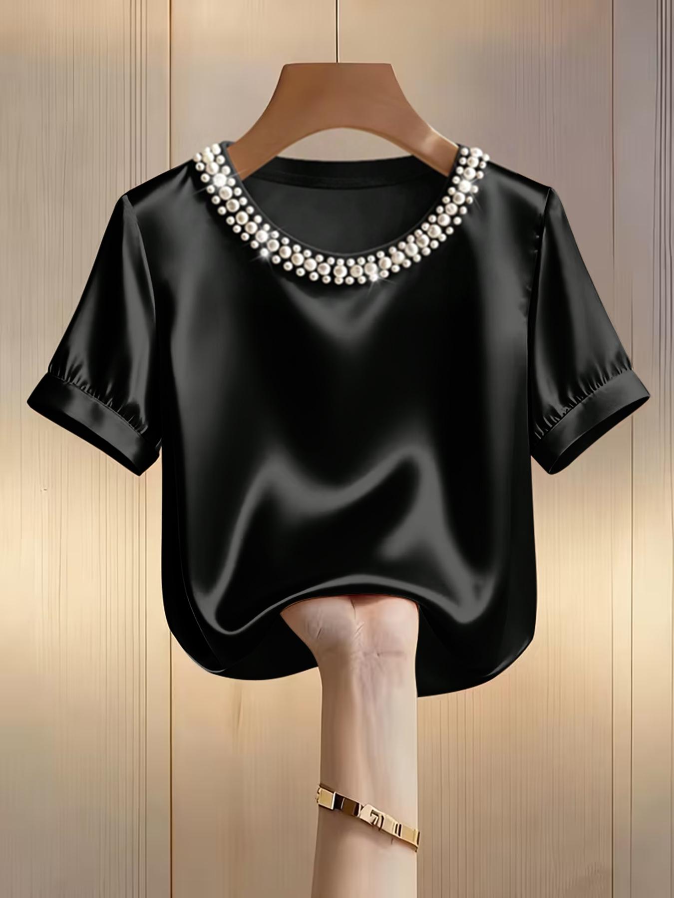 Women's Fashion Pearl Round Neck Solid Color Short Sleeve Fitted T-Shirt Top, Casual Summer Wear, Stylish Ladies' Clothing