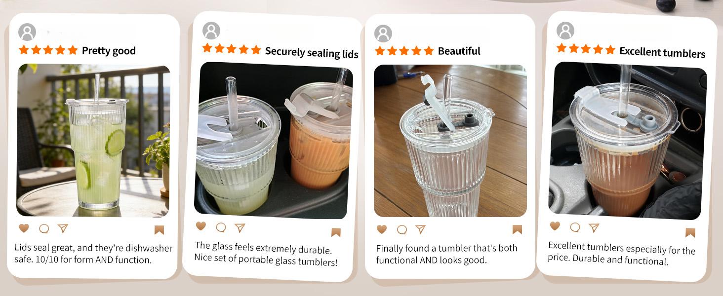20oz Glass Tumblers with Straws and Lids, Ribbed Iced Coffee Cups Leak-proof, Dishwasher Safe, Thickened Glass Cups with Lids Ideal for Coffee and Travel, Clear, 4 Pack
