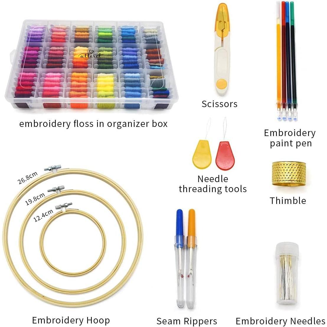 Full Range Embroidery and  Stitch Starter Kit with  Storage Organizer Bag, Includes 99 DMC Coded  Threads, 9 Metallic Floss, 3 Hoops, ,  +  ()