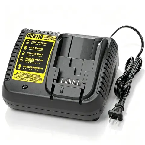 DCB118 Li-ion Battery Charger for Dewalt 12V-20V Max Tools, Compatible with DCB112 Model, DCB101, DCB105, DCB107, DCB115, Fast Charging, Cooling Vents, Overcharging Protection, Short-Circuit Safe, LED-Indicated, CE & FCC Certified, 100V-260V AC