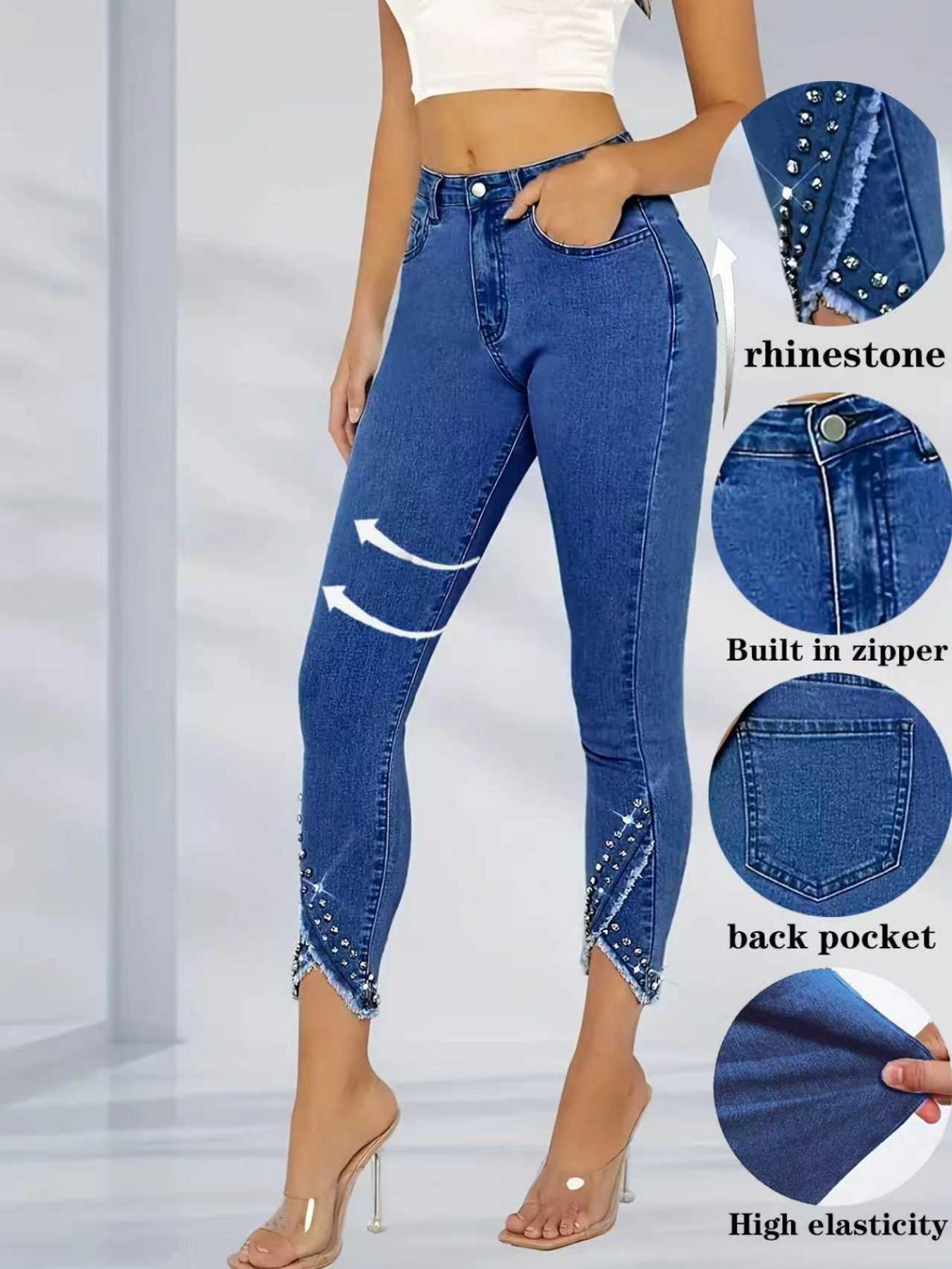 Women's Casual Denim Capri Pants with Rhinestone Hem, Tight Fit Skinny Long Jeans, Stylish Ladies' Fashion Bottoms, Trouser
