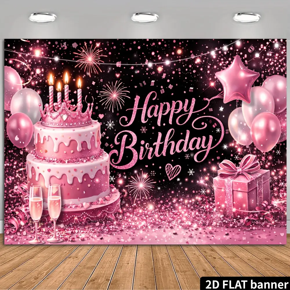 1pc 2D Flat Happy Birthday to Me Banner, Polyester Fabric with Crown Cake, Lit Candles, Pink Balloons, Gift Boxes, Sparkle Fireworks, No Power Needed, Portable Pink Balloons Festive Backdrops & Banners, Photo Booth Prop for Indoor-Outdoor Wall Decor