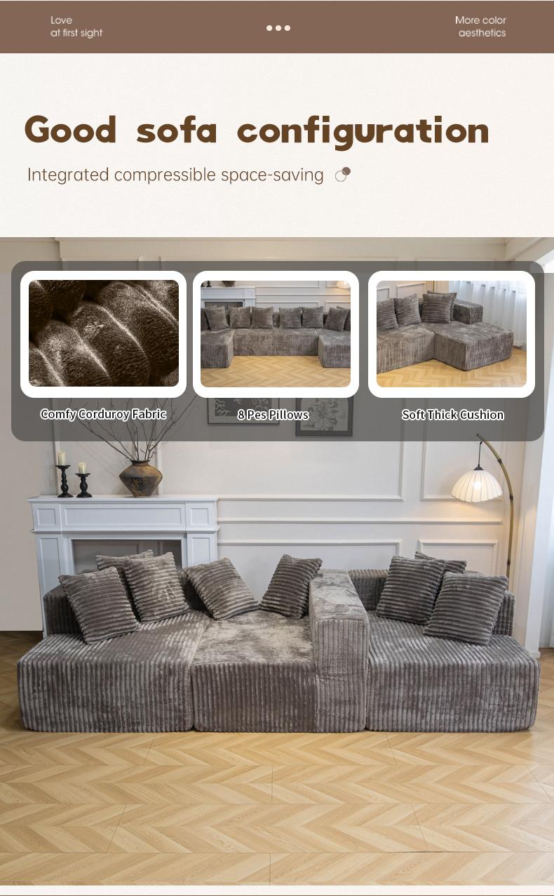 132''U-Shape Modular Sectional Couch Sofa Boneless Compressed Corduroy Modern Sleeper Space-Efficient Convertible Design 3 Packages Shipping