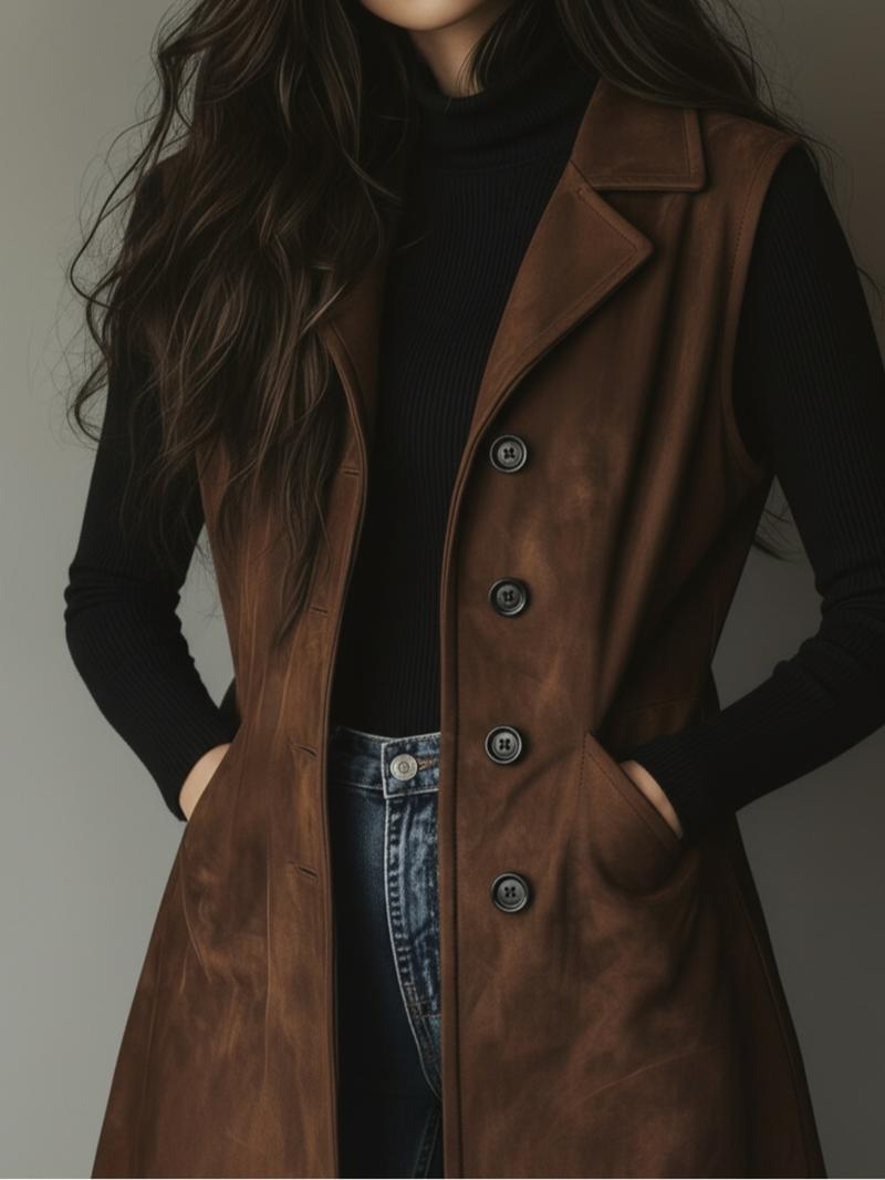 Women's Fashion Commuter Vintage American Collar Jacket Mid-Length Vest, Button Front, Fitted, Knee Length, Fall & Winter