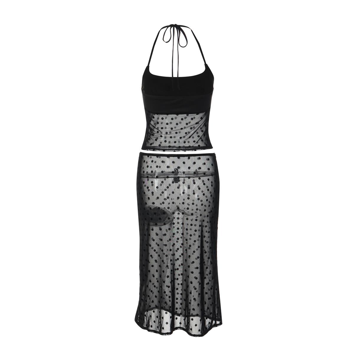 Women's Two-Piece Set, Matching Outfit Set, Sheer Mesh Polka Dot Print Halter Top & Bodycon Lace Trim Midi Skirt, for Party, Club, Date and Holiday, Ladies Summer Clothes