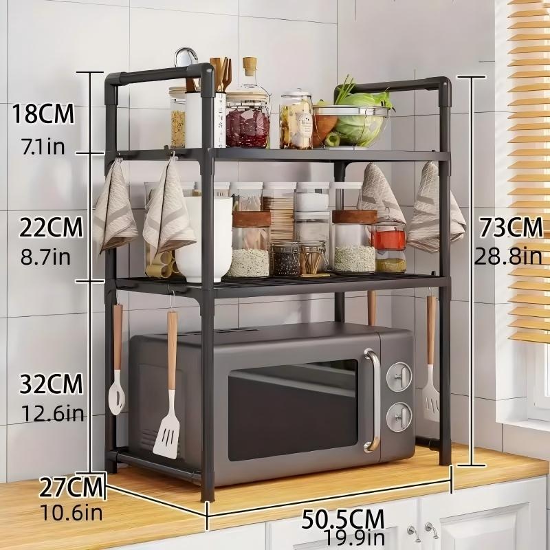 Storage Rack for Kitchen Microwave and Bread Maker | Space-Saving, Multifunctional with Hooks, Iron Structure, Countertop Installation, Super Convenient, Multi-Purpose Shelf