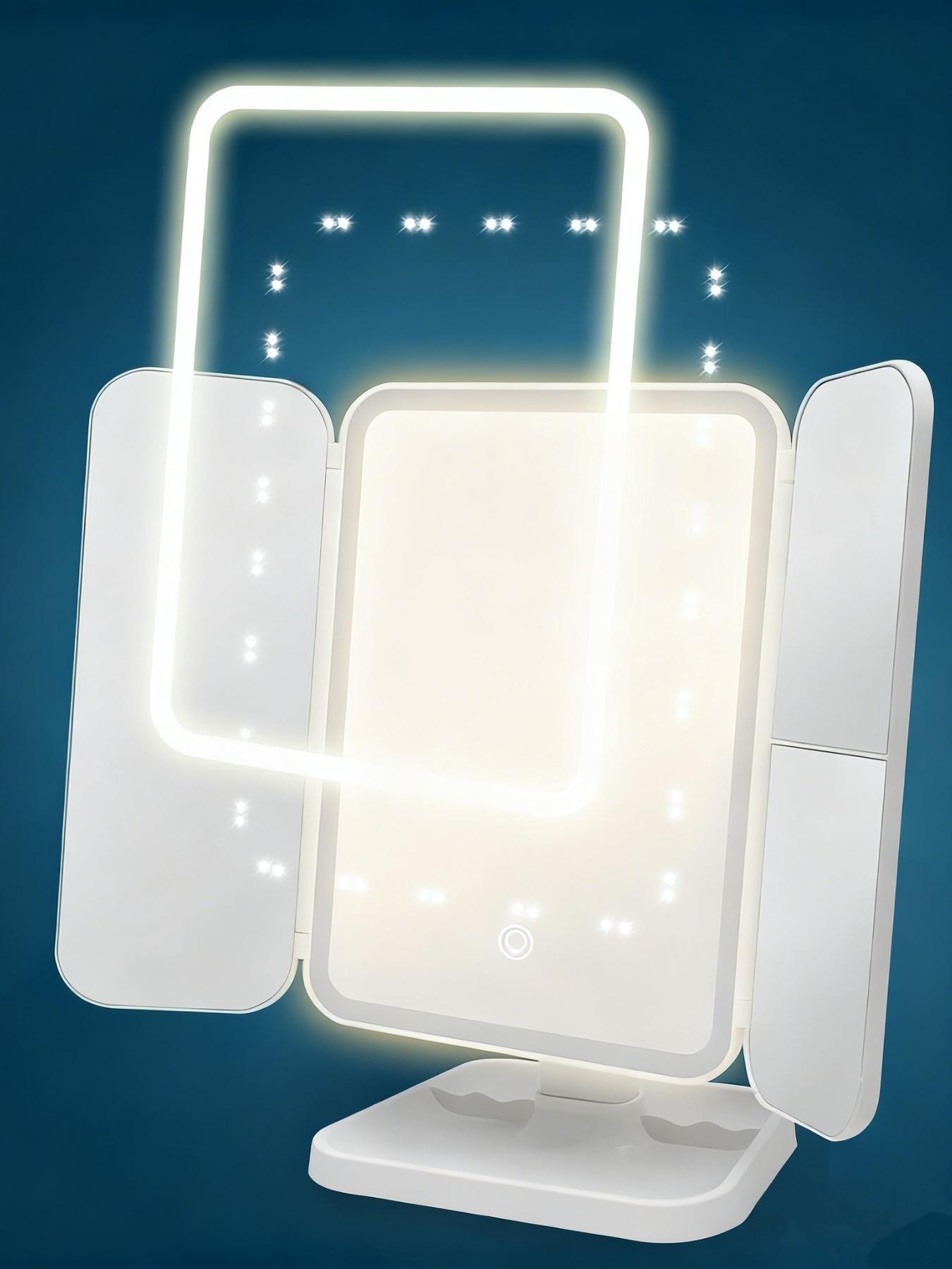 Diamond Pattern Three-Fold with Portable Storage Box, Standing Beauty Mirror for Bedroom Bathroom, Vanity Mirror, Travel Makeup Mirror