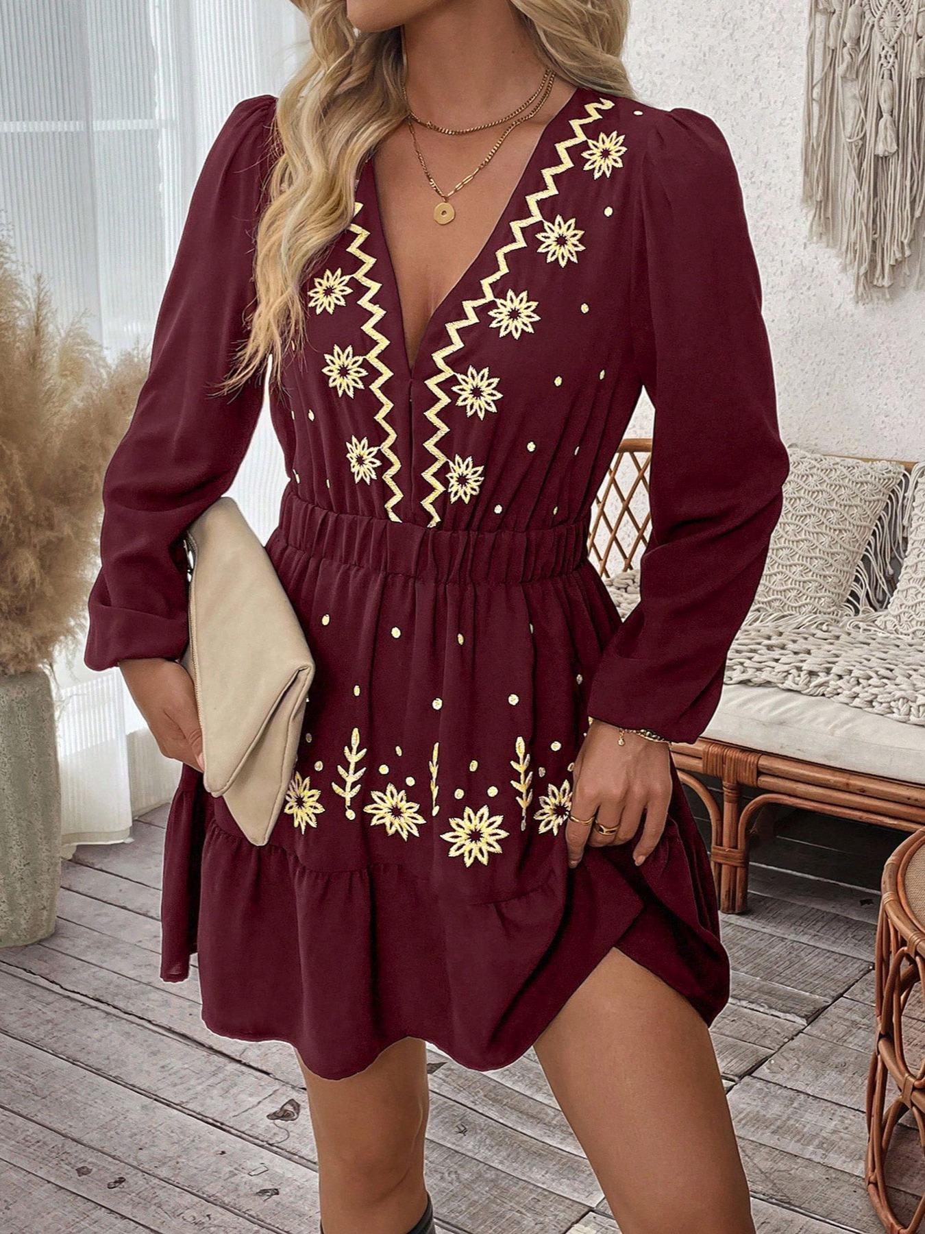 Women's Embroidered Deep V Neck Hollow Out Long Sleeve Dress, Bodycon A-Line Skirt, Elegance, Perfect Spring Summer Choice