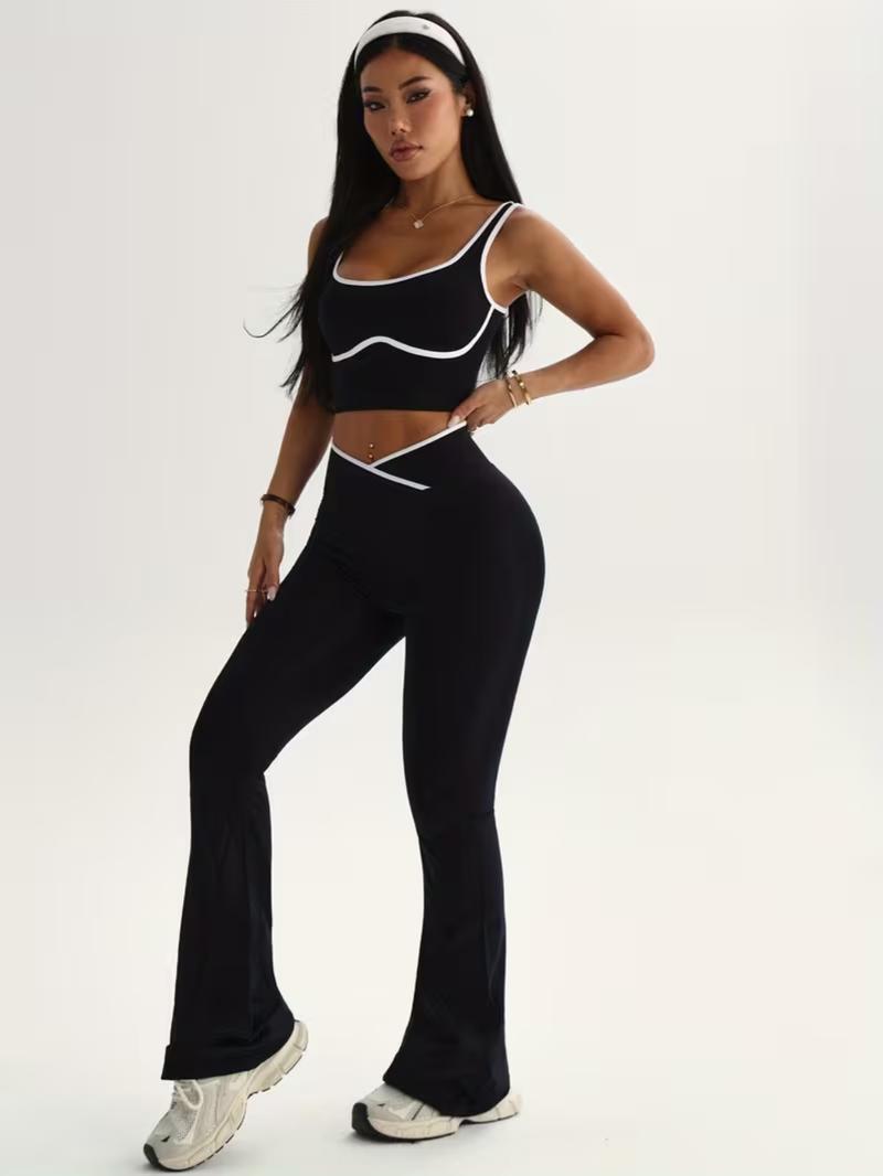 Women's Seamless Colorblock Tank Top and Bell Bottom Pants Set, High Waisted Butt Lifting Design, Casual Sportswear, Yoga Tracksuit Set