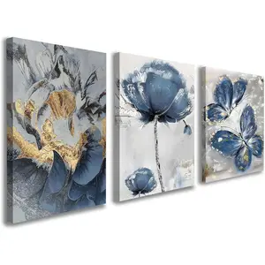3 Piece Wall Art Framed Canvas Wall Art Blue and Gold Butterfly and Flower Pictures Wall Decor for Living Room Bedroom Bathroom Office – Ready to Hang with Hooks and Nails, 12x16 Inch