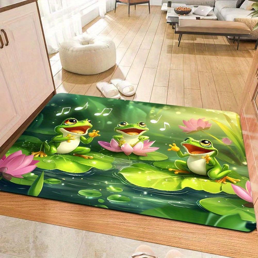 Machine Washable Polyester Frogs Singing Cartoon Design Area Rug - Non-Slip Rectangle Doormat for Living Room, Bedroom, Bathroom, Kitchen - Indoor Decorative Floor Mat with PVC Backing