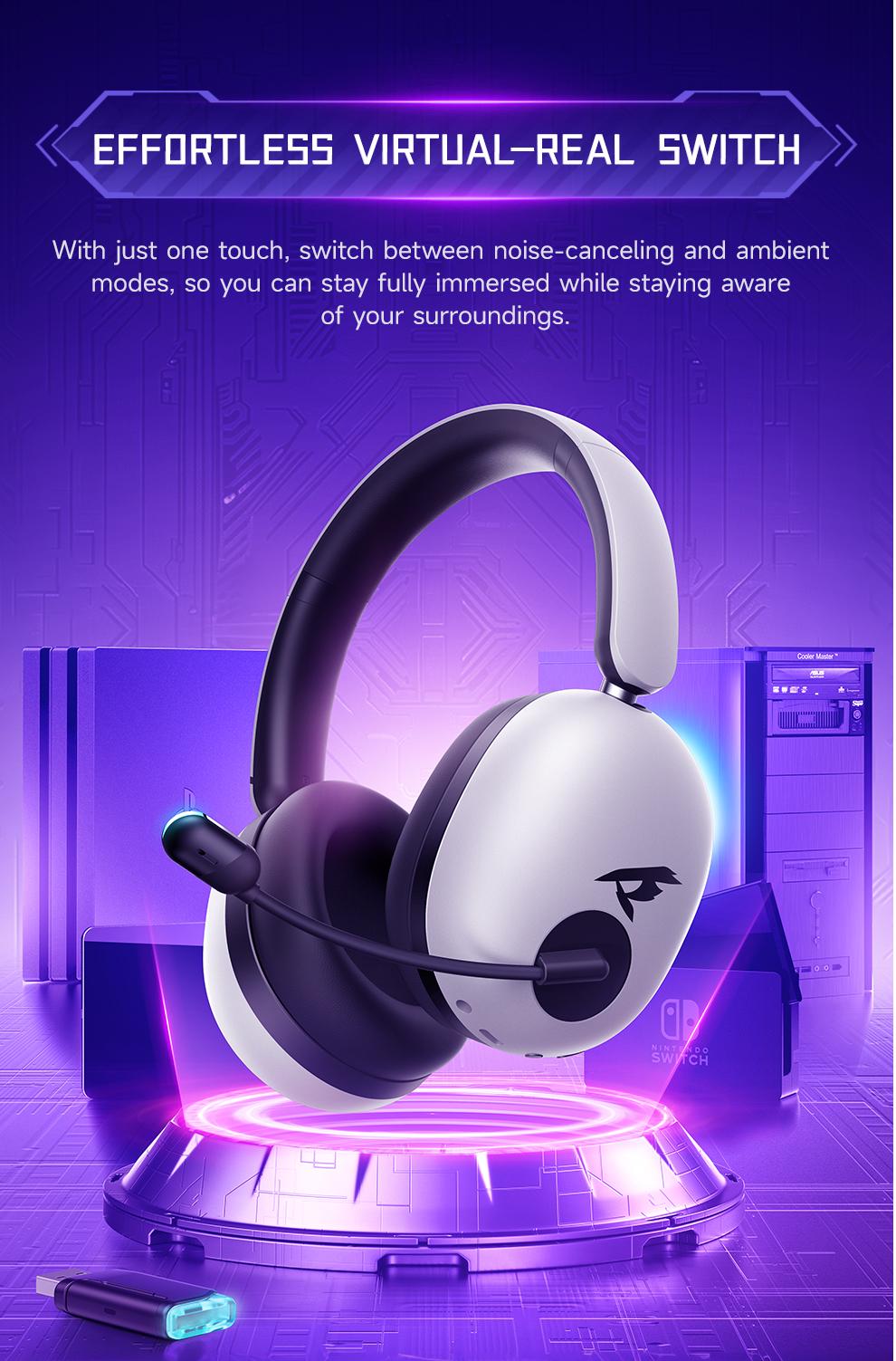 Picun UG-10A Wireless Gaming Headset - 7.1 Surround Sound, -56dB Noise Cancelling, 100H Battery Life, 40mm Drivers, Quad-Mode Connectivity (2.4G/Bluetooth/Wired), RGB Lighting, HD Mic for PC/PS4/PS5