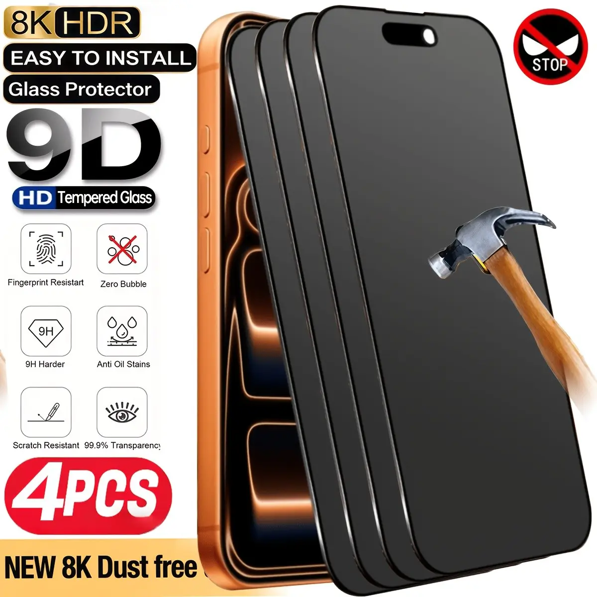 4pcs 9D Privacy Tempered Glass Full Coverage Screen Protector Compatible with for iphone 17 Pro Max/17 Pro/17E/16 Pro Max/16 Pro/16/15 Pro Max/15 Pro/14 Pro/14 6.1", 13/13 Pro 6.1"/12/11/XS MAX/XR Series, Tough 9H+ Glass, Anti Glare HD Screen Protector