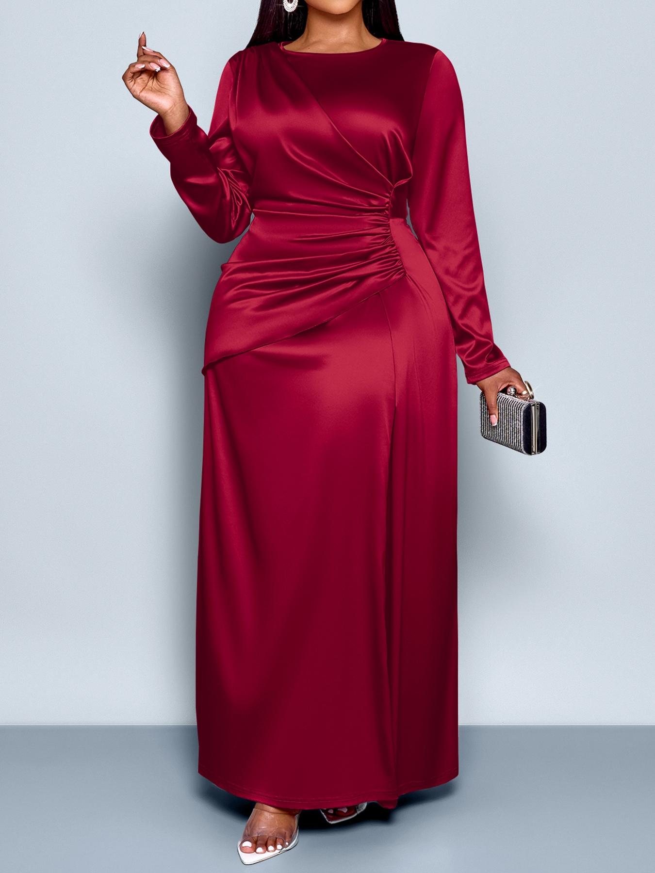 Plus-size Christmas Women's Vlothing Women's Elegant Plain Satin Dress, Round Neck Long Sleeve Bodycon High Waist Maxi Gown, Fall Fashion Plus Size Evening Wear