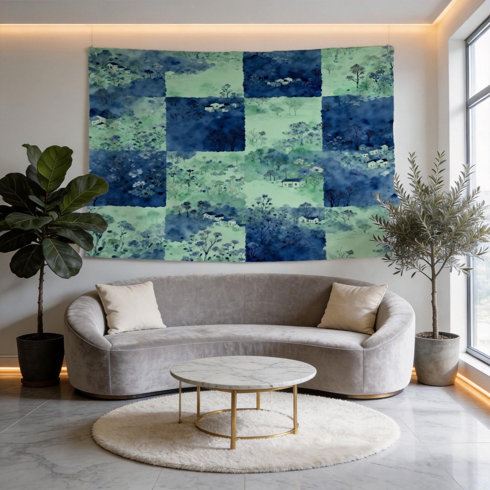 1 Piece Watercolor Landscape Checkered Tapestry, HD Digital Printed Wall Hanging Tapestries, Lightweight Fadeless Aesthetic Room Decor for Bedroom & Living Room, Easy to Hang, Add Vibrant Color to Your Space