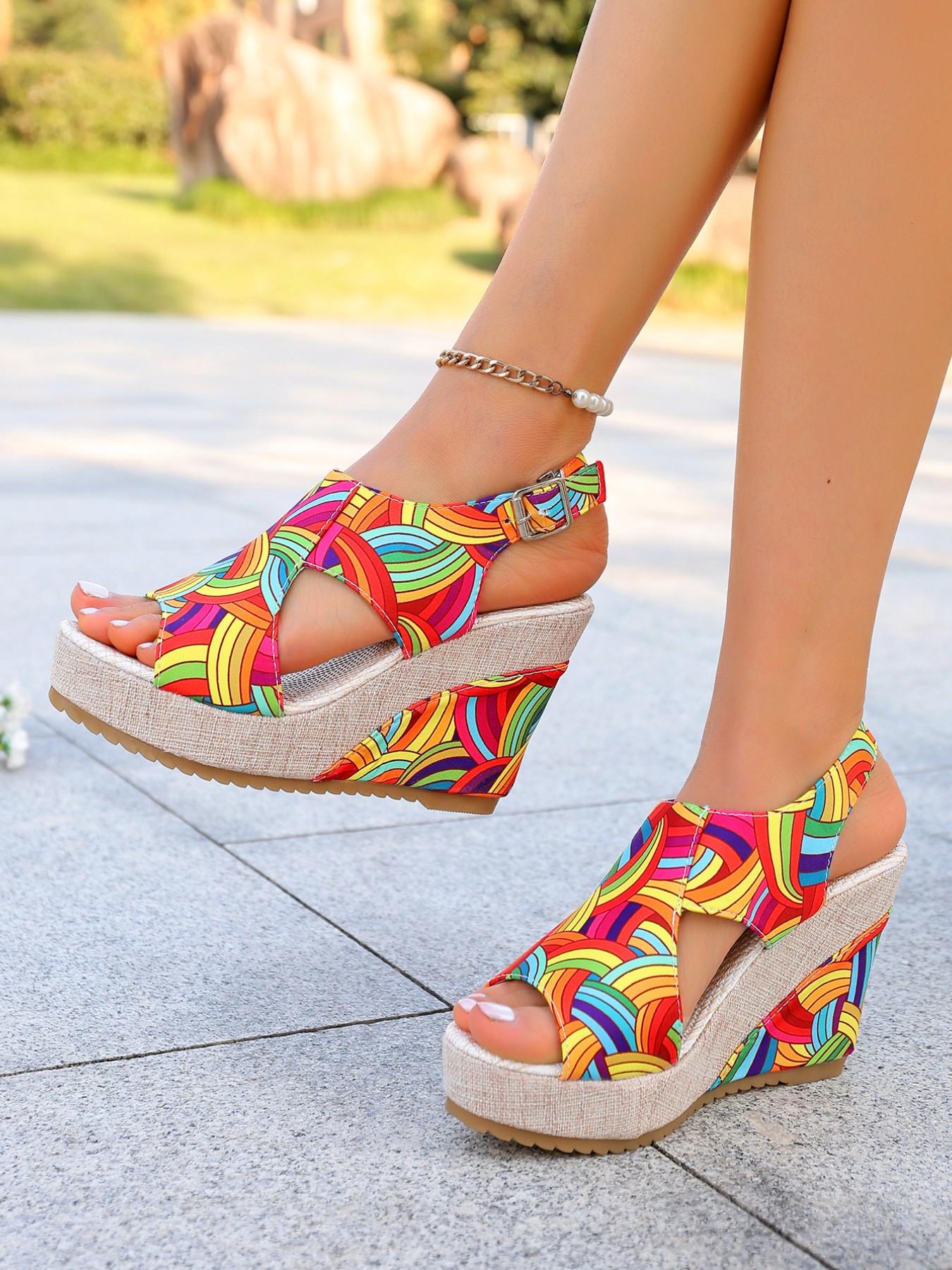 Women's Boho Rainbow Wedge Sandals, Adjustable Back Strap, Thick Sole, Anti-Slip, Comfortable, Multi-Color, Beach Vacation Shoes
