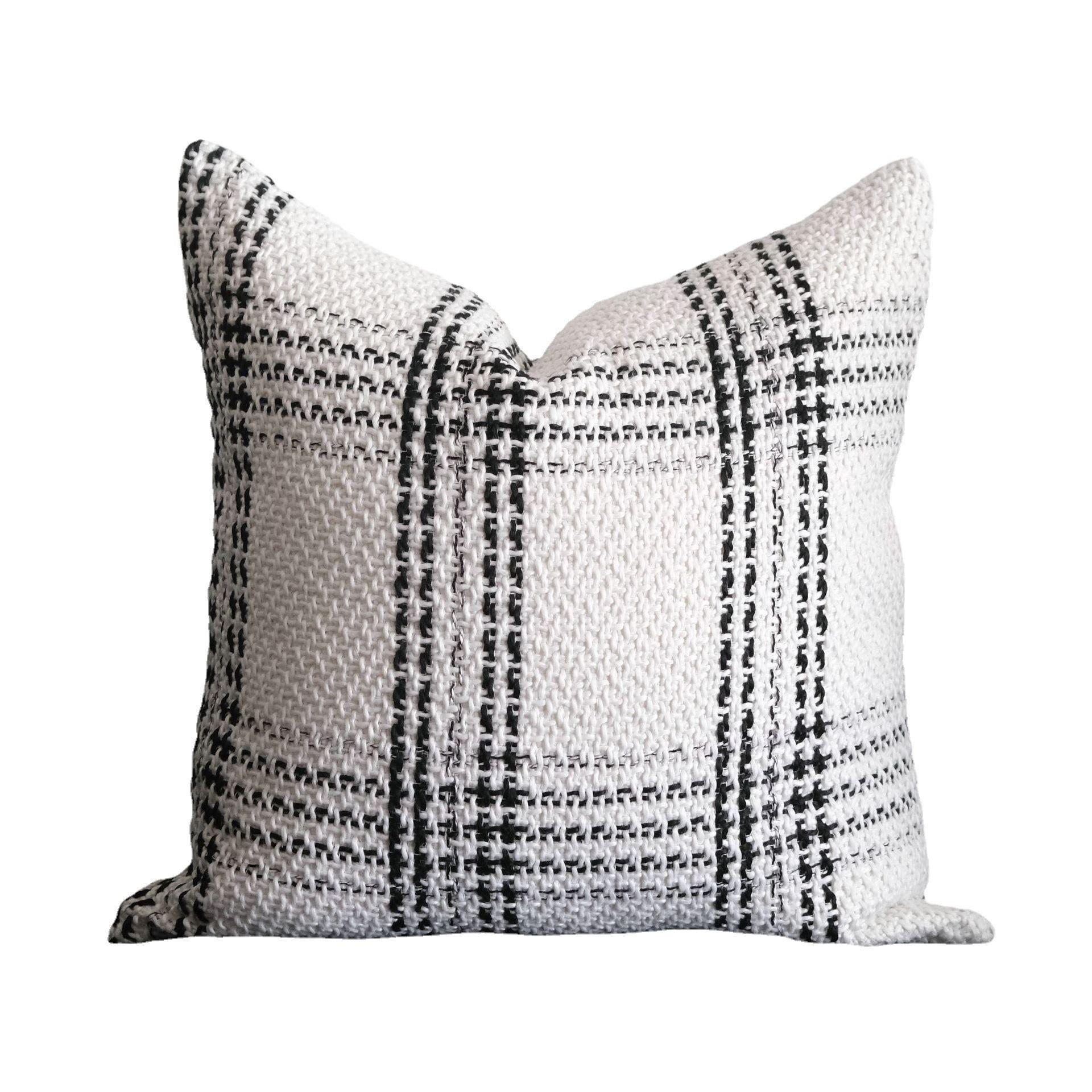 Chenille Plaid Throw Pillow Covers, Boho Farmhouse Black‑White Grid Woven Raised Textured Cushion Covers, Decorative Pillowcase for Couch Sofa Bed Living Room Home Decor, Pillow Inserts Are Not Included