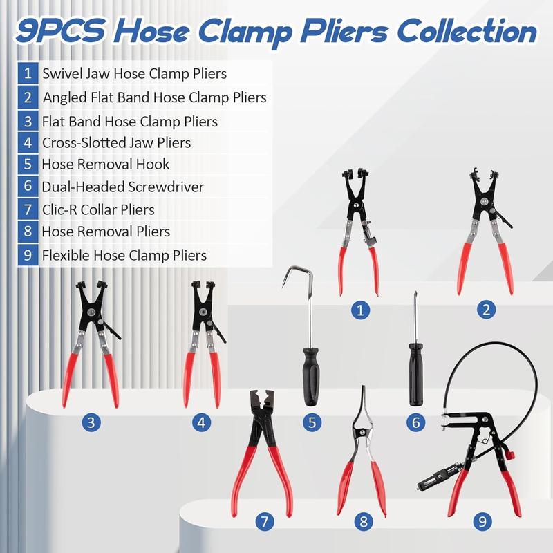 9PCS Hose Clamp Pliers, Long Reach Hose Clamp Tool Remover for Water Hose and Automotive Coolant Radiator Heater with Flexible Wire Long Reach Hose Clamp and Flat Band Pliers
