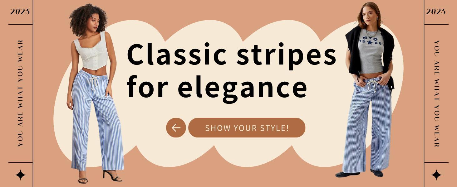 Ommig Striped Drawstring Wide-Legged Trousers for Women, Elegant Commuting and Vacation Long Pants