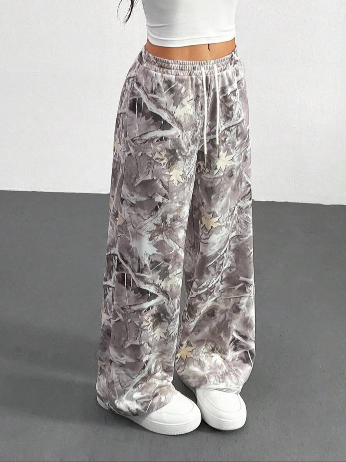 Women's Vintage Street Style Camo Knit Loose Sports Pants, Drawstring Waist, Summer Branch Print, Casual Wide Leg, All Seasons, Camo Sweatpants