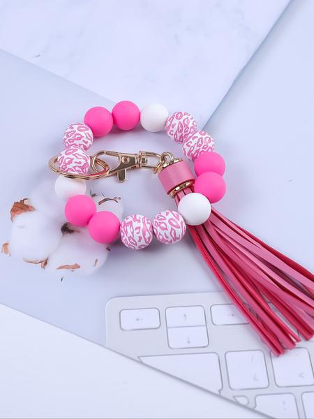 Wooden Bead & Silicone Bracelet Keychain Effortless Style for Daily Wear, Thoughtful Gift for Her - Keys Wristlet for Women