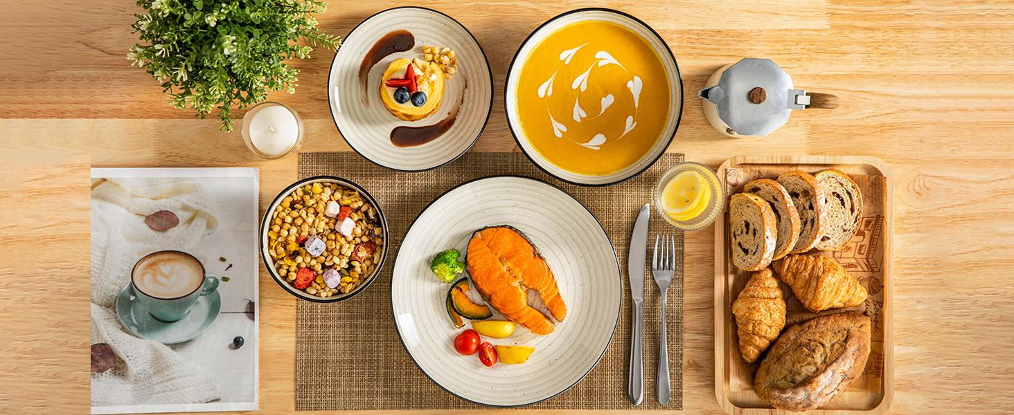 vancasso Bonbon Beige Dinner Set, 24 Pieces Dinner Sets for 6 People, Handpainted Swirls Plates and Bowls Set in Rustic Look, Include Dinner Plates, Dessert Plates, Pasta Bowls and Cereal Bowl Tableware Serving