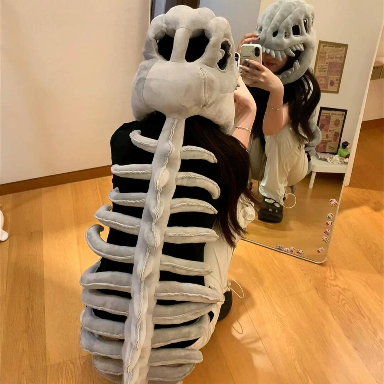Halloween Dinosaur Skeleton Costume Headpiece, Animal Head Mask, Funny Role Play Plush Toy, Creative Prank Gift for Girlfriend, Kids, Family & Friends