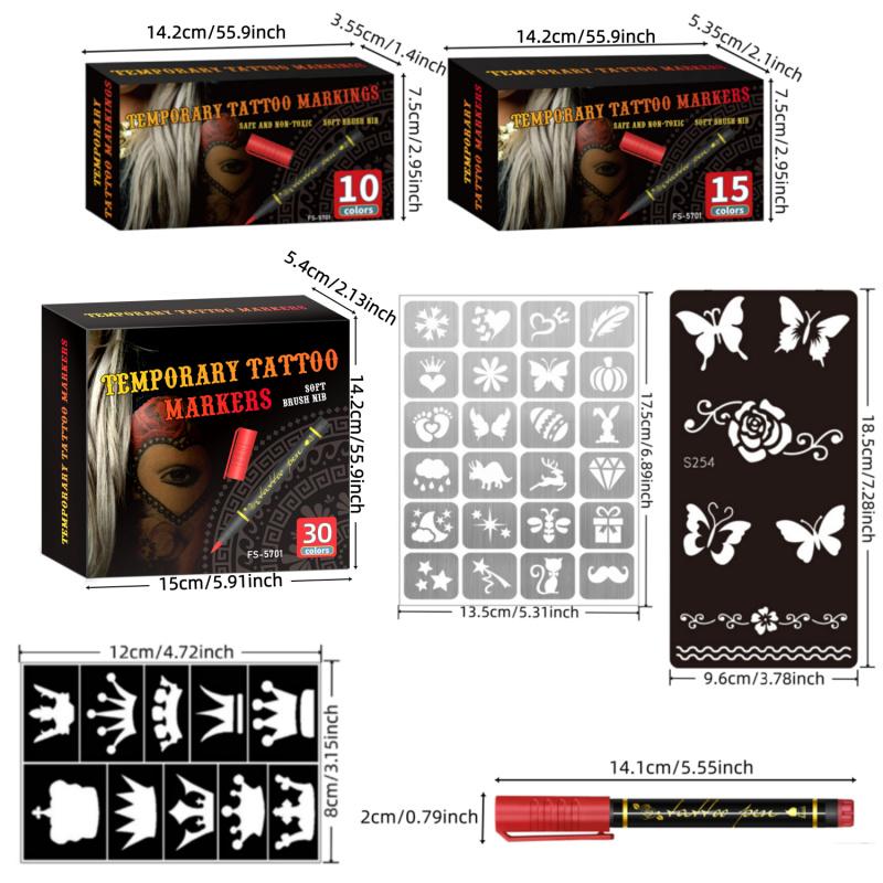 Temporary Tattoo Markers for Skin, 10/15/30-Count Body Markers 10/15/30 Colors Tattoo Pens, Tattoo Stencils,Flexible Brush Tip, Bright colors, Face Paint Kit Cosmetic Quality, High Pigment Halloween makeup