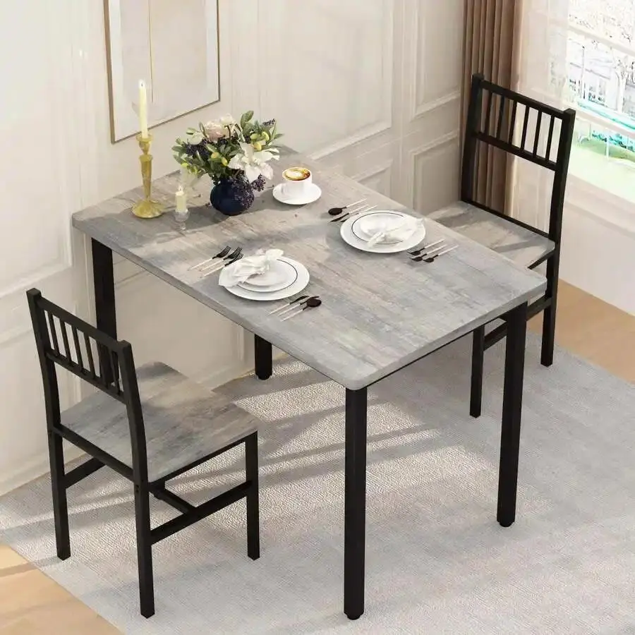 Classic Sturdy 3-Piece Rectangular Small Industrial Dining Breakfast Set - MDF & Steel Table with 2 Chairs, For 2, Ideal for Small Space Living Room Apartment Kitchen