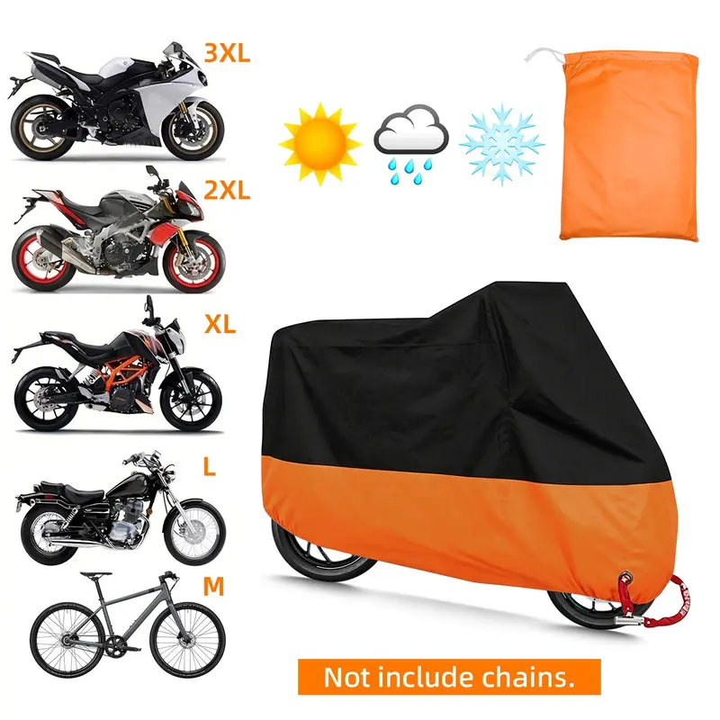 190T Waterproof Motorcycle Cover with Lock Hole, Black Orange Two-Tone All Weather Bike Protector, Windproof Dust Sun Snow Shield, Sizes L/XL/XXL/3XL Fit Motorcycles Scooters
