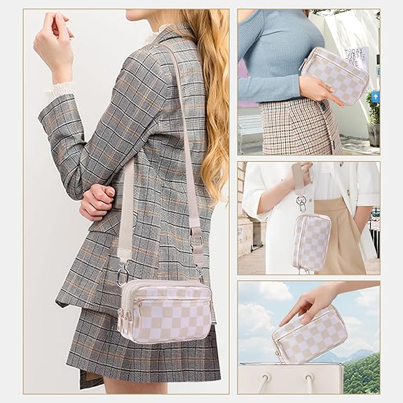 Checkered Wristlet Wallets for Women Nylon Quilted with 4 Zippers Travel Credit Card Holder Cell Phone Organizer Coin Purse Crossbody Key Bag with ID Window RFID Blocking Compact Pouch