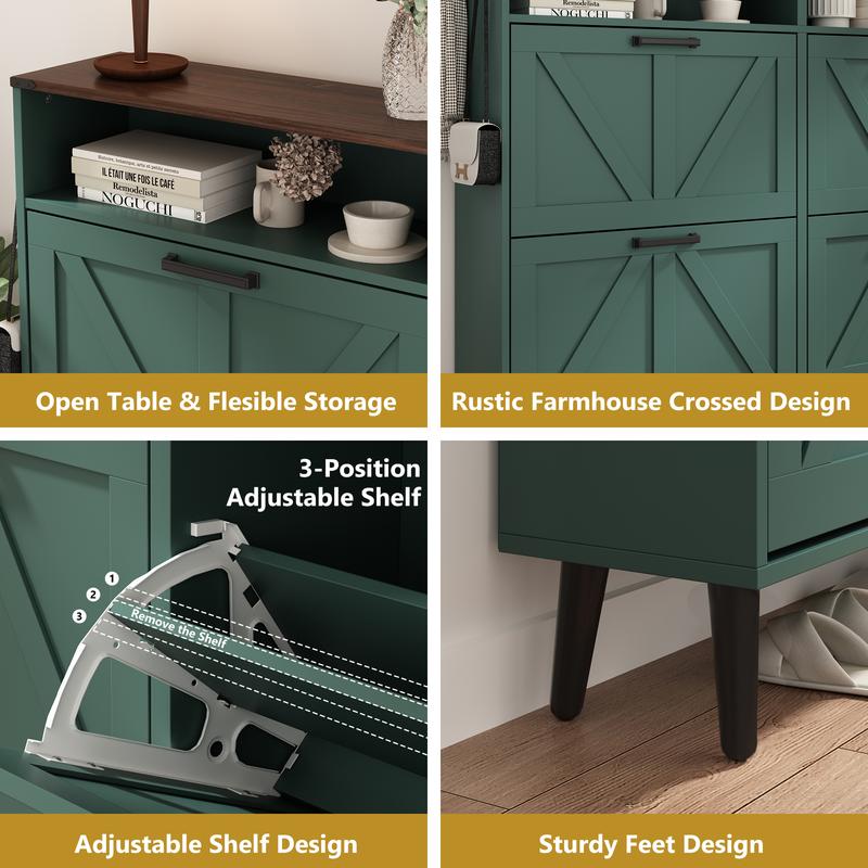 PieDle Furniture Shoe Storage Cabinet,Farmhouse Shoe Organizer with 2-4 Flip Drawers & Barn Door Design,Freestanding Hidden Slim Narrow Shoe Rack Cabinet with Open Storage for Entryway, Foyer,Hallway