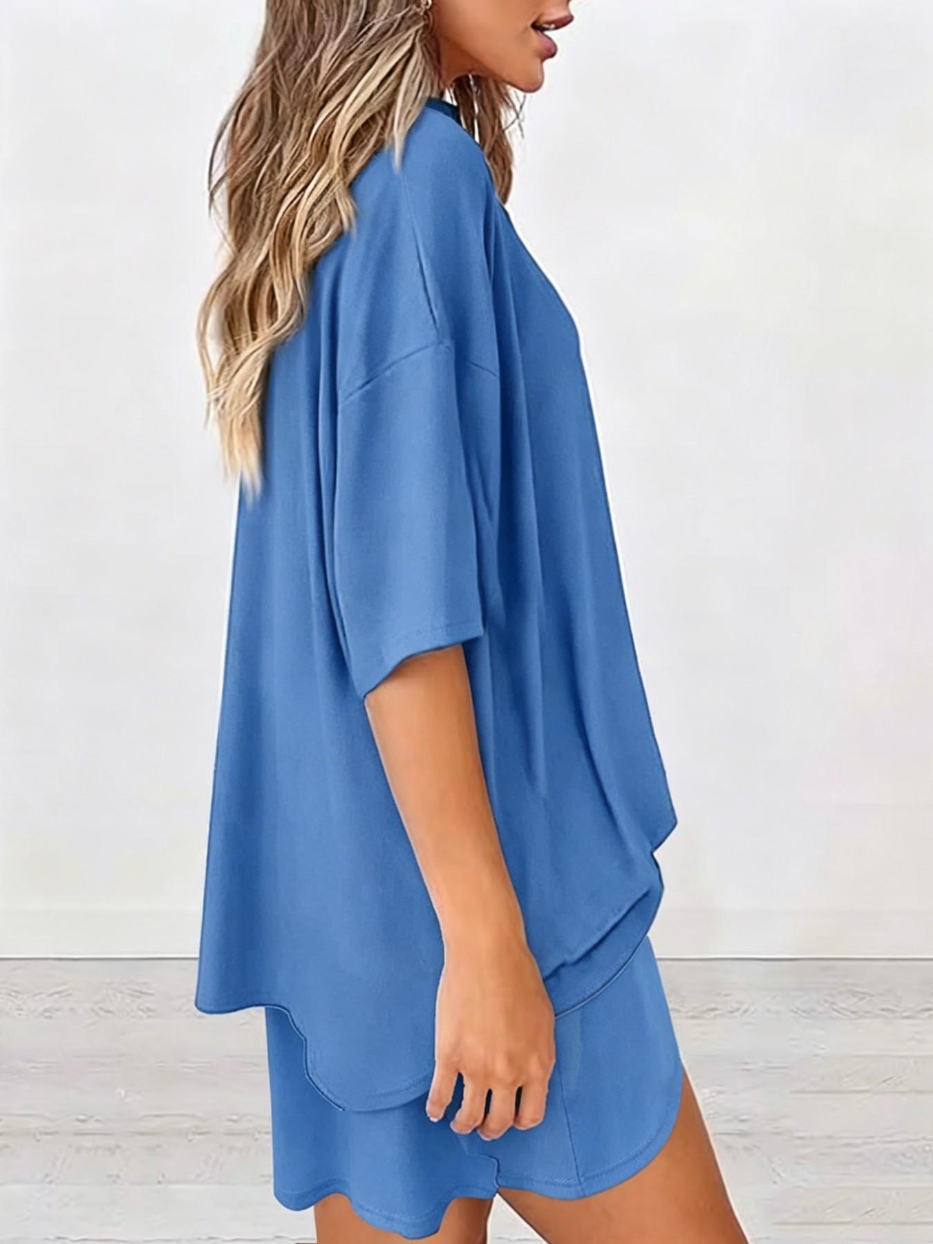 2026 Summer New Arrival Women's V Neck Solid Color Loose Shorts Pajama Set, Fashion Casual Loungewear, Comfortable Soft Sleepwear