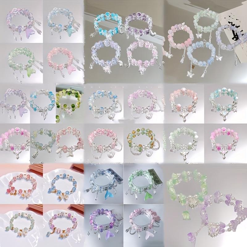 Girls' Rainbow Beaded Charm Bracelet Matching Set - 5/12/20Pcs Multicolor Butterfly, Flower, Heart & Star Charms, Adjustable Elastic Cord, Casual Wear Jewelry for Valentine's Day Gifts, Birthday Party Favors