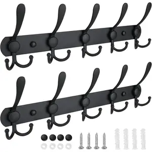 Wall Mounted Coat Rack, Five Heavy Duty Tri Hooks All Metal Construction for Jacket Coat Hat in Mudroom Entryway (Matte Black, 2-Pack)