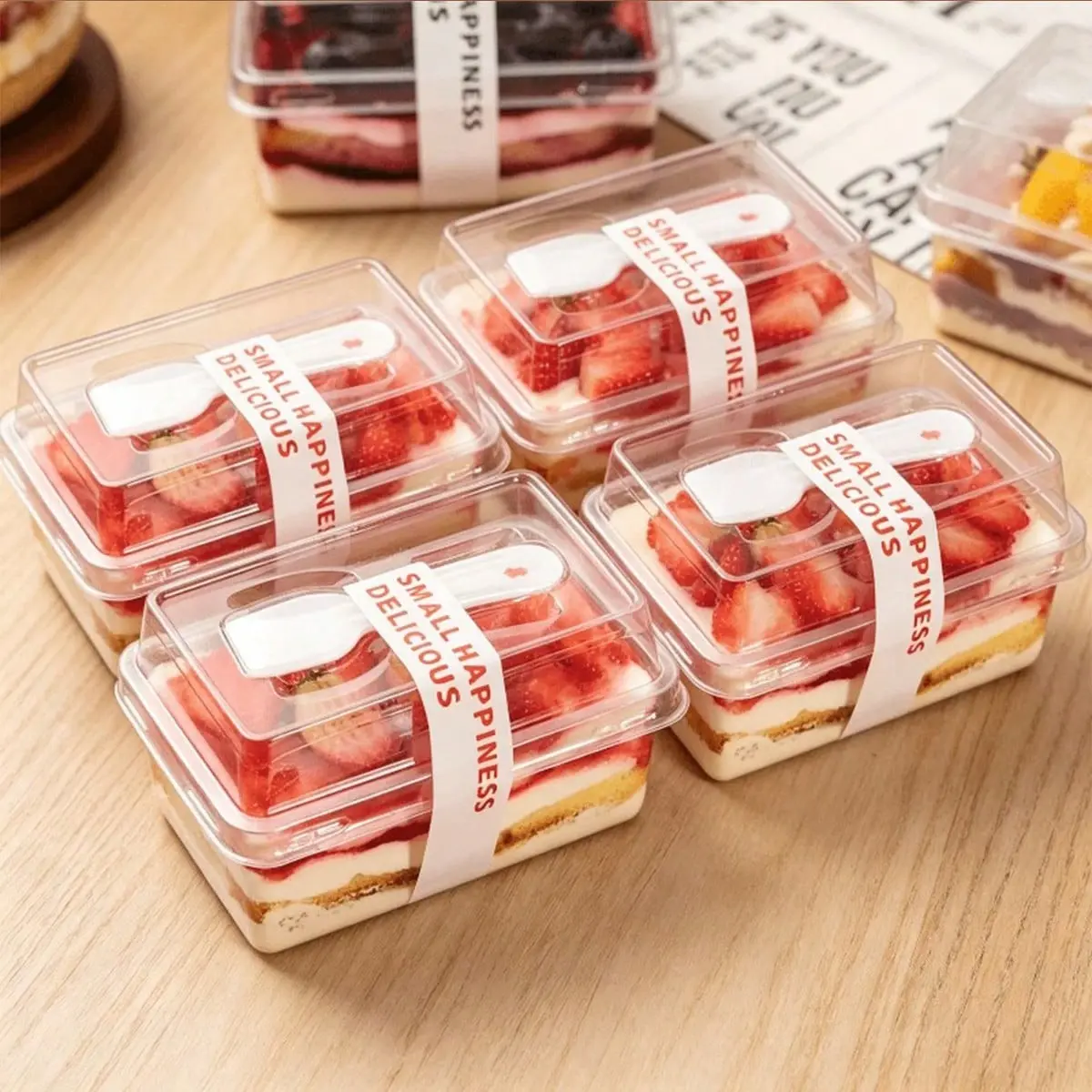 20/50pc Rectangular Dessert Box with Lid and Spoon, Multi-Functional Tiramisu Lock Spoon Box, Food Containers with Lids, Ideal for Fruits, Candies, Snacks, Yogurt, Desserts, Plastic