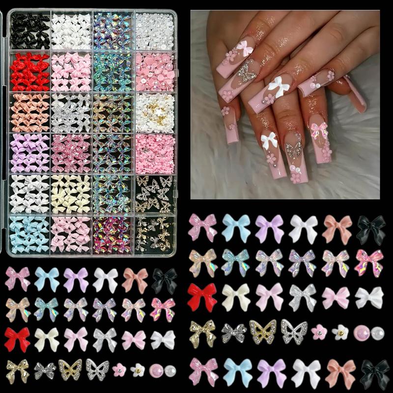1Box 3D Classic Bowknots Resin Nail Charms Sold Color Ribbon Bow Light Luxury Hollowed Butterfly Alloy Nail Art Decorations DIY Manicure Supplies Nail Art Design