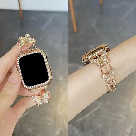 Synthetic Diamond Butterfly Smart Watch Strap with Double Row Diamond Rhinestone-Inlaid Alloy Case, Fashionable Wearable Accessories, Compatible with 38/40/41/42/44/45/46/49mm Ultra/Ultra2, Series 10/9/8/7/6/5/4/3/2/1/SE Models