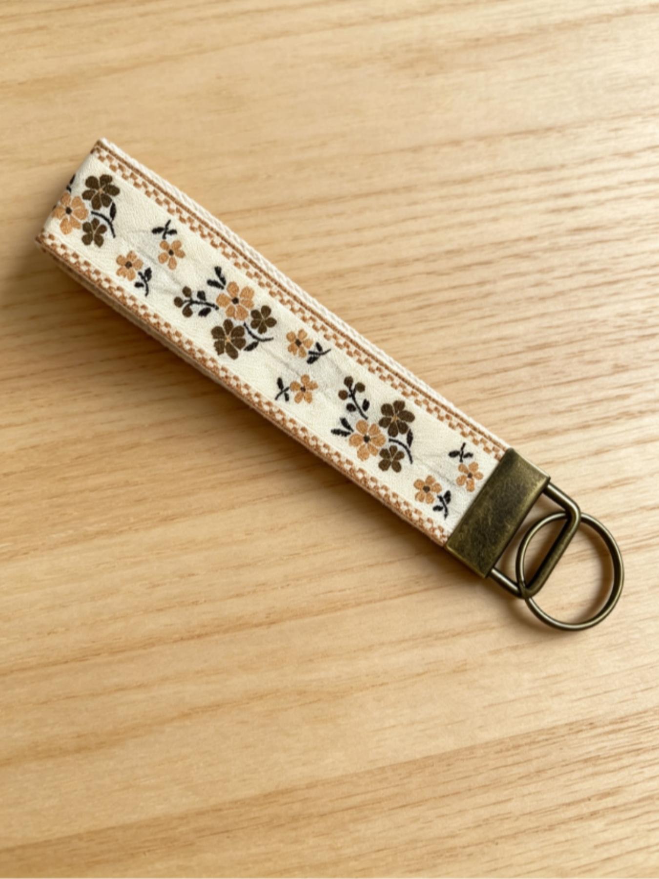 1 Embroidered Fabric Wristlet Keychain for Women, Cute Wrist Key Chain with Metal Hardware