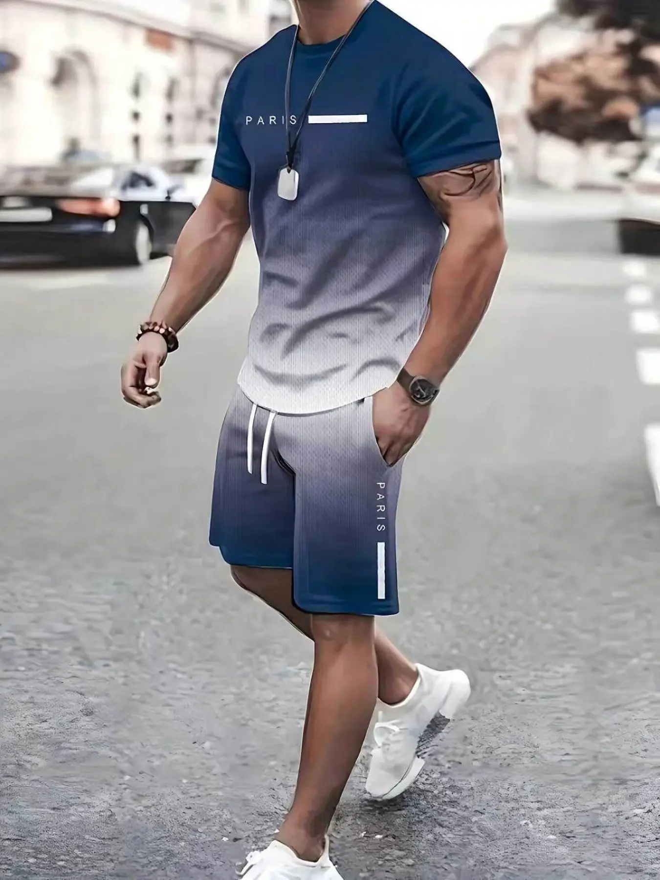 Men's casual sportswear set, Sport Casual Outfit, letter printed gradient style, summer breathable two-piece set, daily wear men's clothing